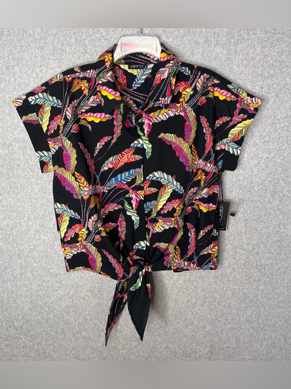 APNY Womens Tie Front Camp Shirt Black Multi Color Leaf Size Medium Tropical NWT